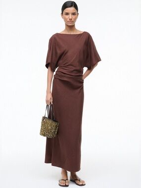 Staud Amelie Linen Dress Dark Oak M